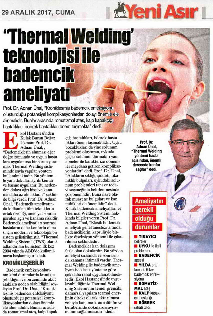 Yeni Asır gazetesinde Thermal Welding ile bademcik ameliyatı haberi (29 Aralık 2017)
